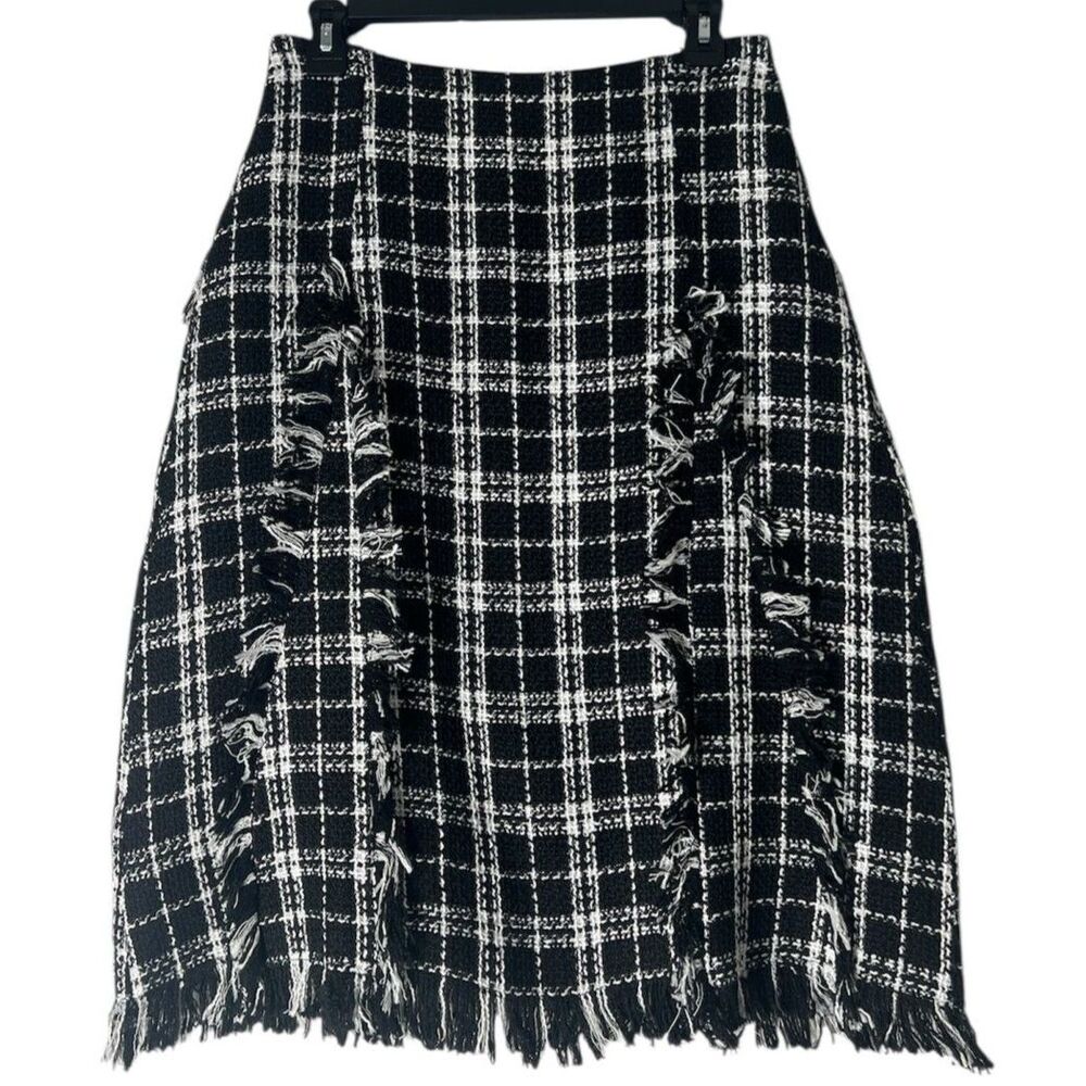 WD.NY Black White Plaid Tweed Fringe Skirt Womens Sz L Academia Preppy Career